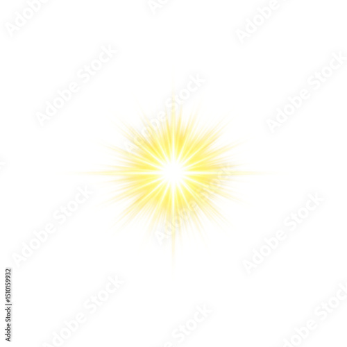 Bright flash of white-yellow light with rays diverging in four directions on a transparent background with texture.