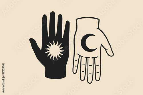 Sun and moon hands mystical minimal vector illustration

