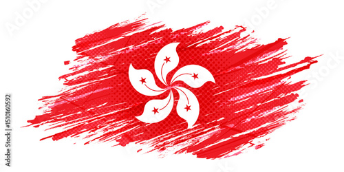Hong Kong Flag in Grunge Brush Style with Halftone and Glow Effects. Flag of Hong Kong in Abstract Concept