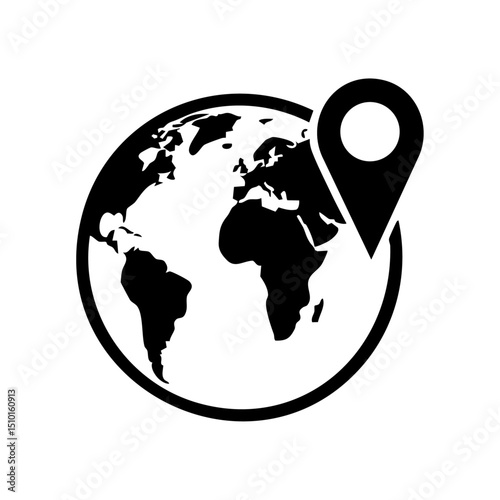 Black silhouette of Earth with a map pointer, symbolizing worldwide access, logistics, and international services.

