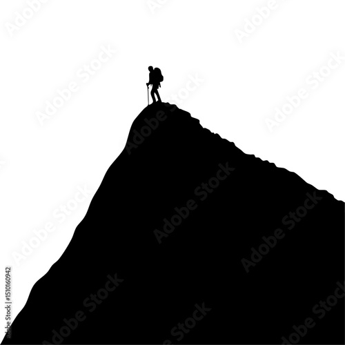 Silhouette of a lone hiker standing triumphantly on a mountain peak.

