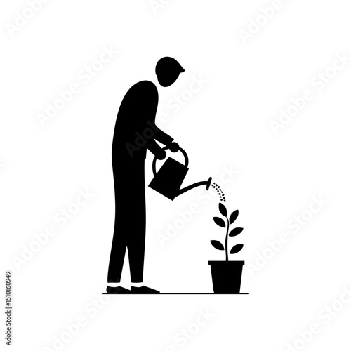 Minimalist black silhouette of a person watering a small plant in a pot, symbolizing growth and sustainability.

