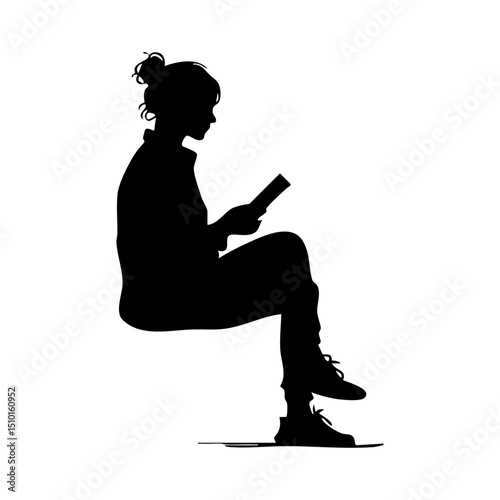 Silhouette of a woman sitting and reading a book, perfect for education, literature, and self care themes.

