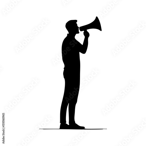Silhouette of a man speaking into a megaphone, representing announcement, leadership, or protest.

