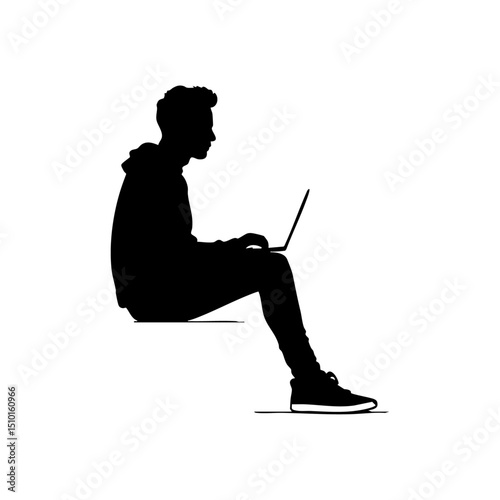 Silhouette of a young person sitting and working on a laptop, ideal for remote work, freelancing, and tech themes.

