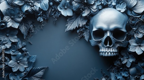 Silver skull amidst blue floral border on dark background