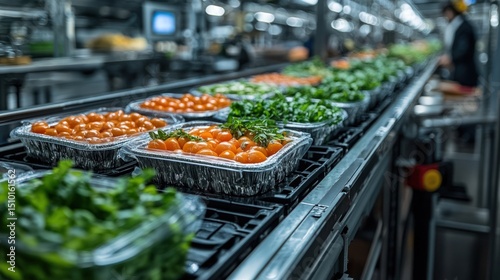 Fresh produce on automated conveyor belt in a food processing plant.  Packed vegetables, like cherry tomatoes and greens, move along a mechanized system.  Modern, efficient food production