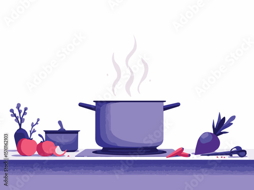 Steaming Cooking Pot with Ingredients – Home Kitchen Illustration
