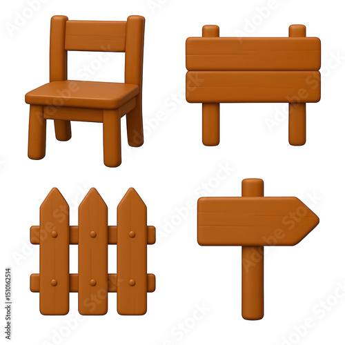 Fototapeta Naklejka Na Ścianę i Meble -  3D Wooden Furniture and Sign Icons