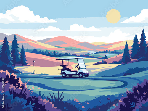 Golf Cart Driving Through Scenic Valley Course – Travel and Sports Illustration