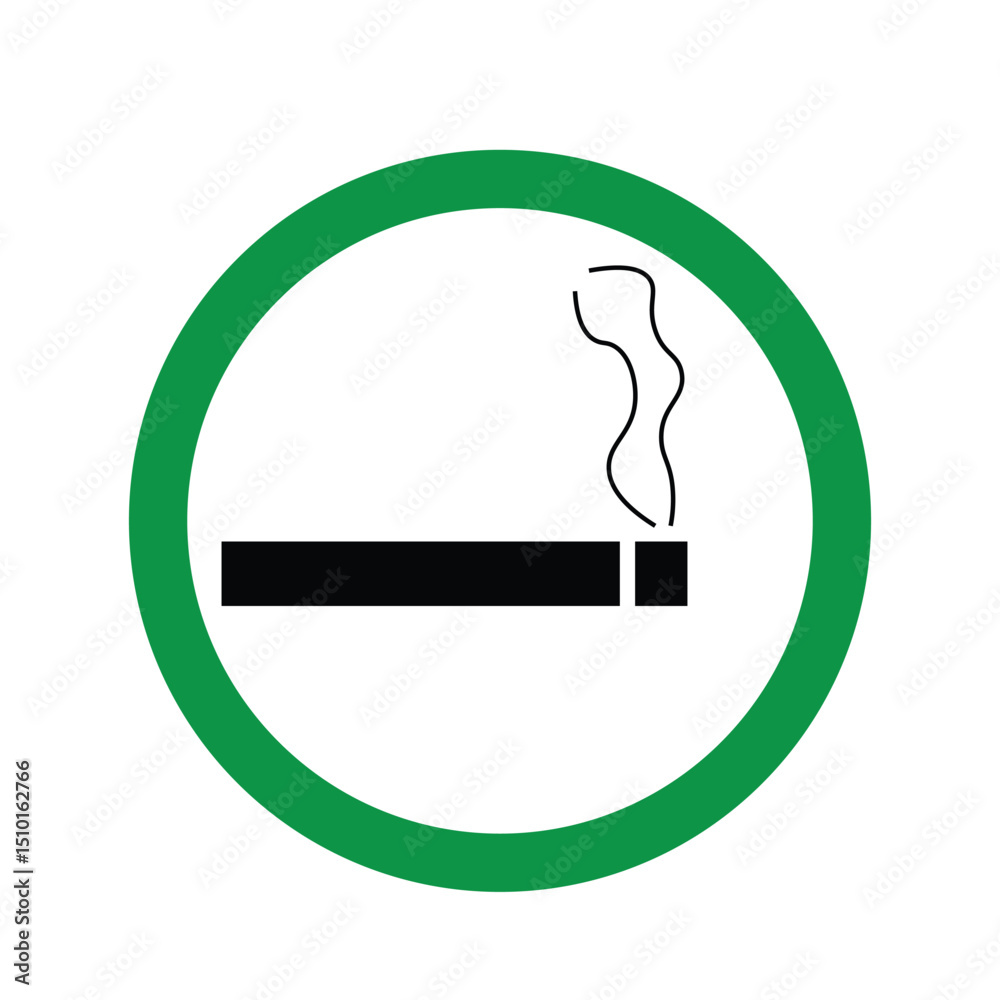 Smoking Zone Sign: An image of a green circular sign displaying a cigarette, with smoke wafting upward. a clear visual cue for designated smoking zones. 