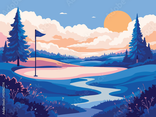 Sunset over Golf Course – Peaceful Evening Sports Illustration