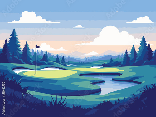 Golf Course with River and Pines – Scenic Sports Landscape Illustration