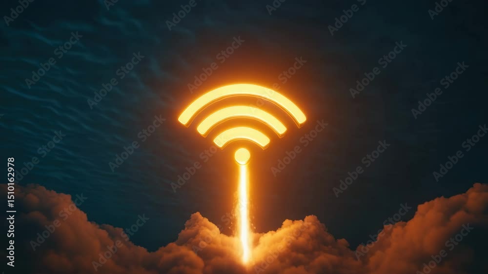 Glowing orange wifi symbol rising like rocket through clouds at night, wireless signal glowing above dark sky, symbolizing fast internet connection, technology innovation, and cloud connectivity
