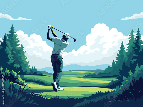 Golfer Swinging Club on Scenic Course – Outdoor Sports Illustration