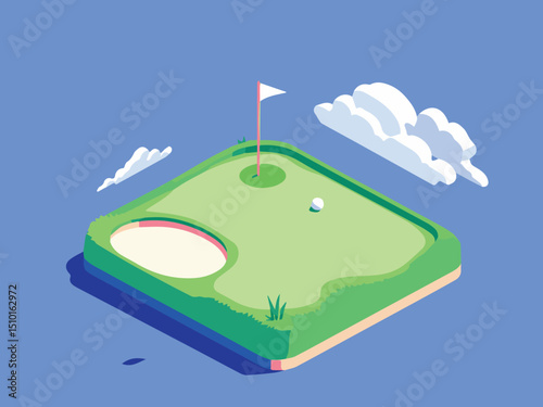 Golf Green with Ball and Flag – Isometric Sports Field Illustration