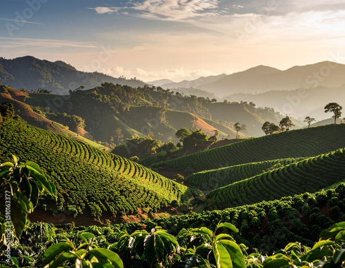 Lush coffee plantations cover the highlands, showcasing the agricultural landscape and coffee production.
