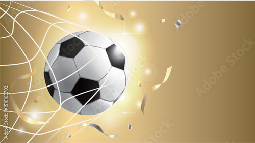 Soccer ball in net over golden background. Soccer competition illustration.