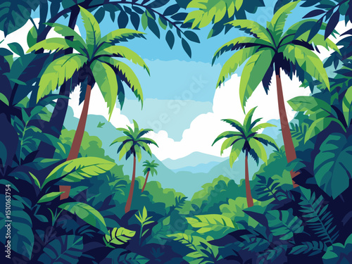 Tropical Jungle Landscape with Trees – Exotic Nature Illustration