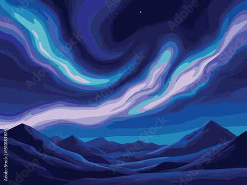 Northern Lights over Mountain Landscape – Night Sky Aurora Borealis Illustration