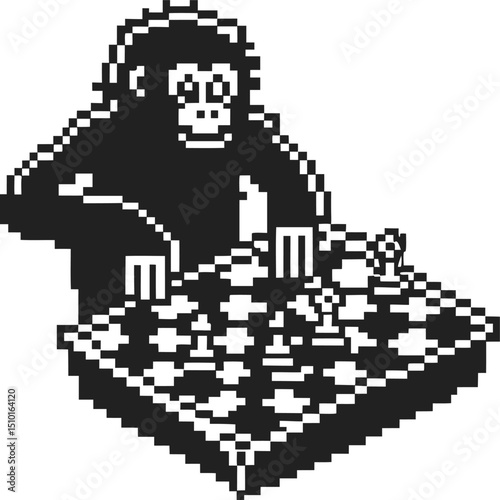 Pixel art chimpanzee playing chess black and white digital illustration, retro game board scene