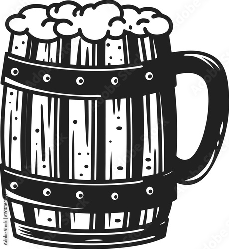 foamy beer mug, vintage wooden barrel design classic illustration, rustic pub theme, ale and lager symbol