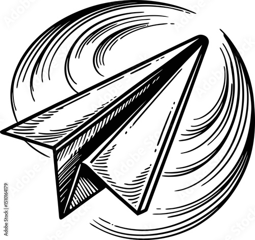Hand drawn paper airplane with swirling motion lines, black and white sketch art style, symbolizing imagination and creativity