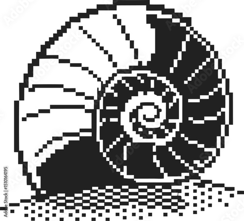 nautilus shell pixelated art, black and white spiral design retro digital illustration, geometric pattern