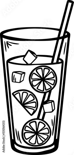 line art lemonade with ice and straw in glass refreshing cool citrus drink illustration, summer beverage concept