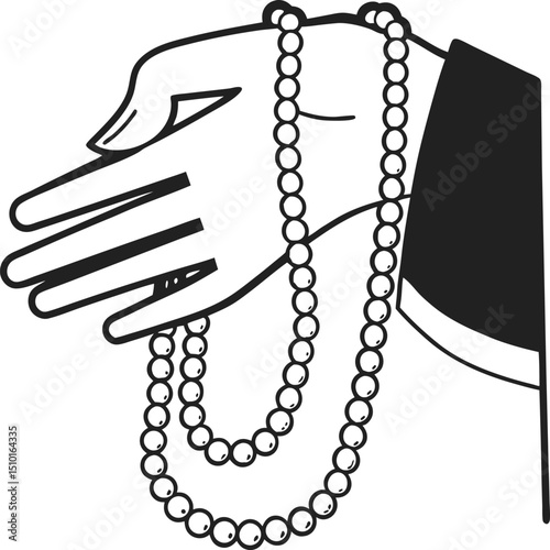 hand holding elegant pearl necklace jewelry fashion accessory, vintage chic style, black and white illustration