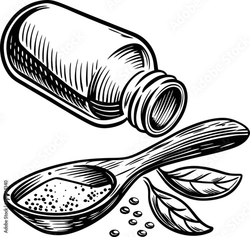 Vintage spice jar illustration with spoon and leaves