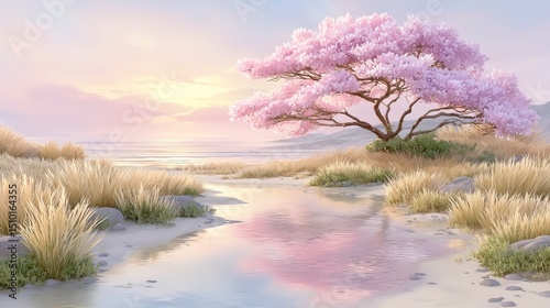 Serene Pink Blossom Tree by Tranquil Ocean  Peaceful Landscape