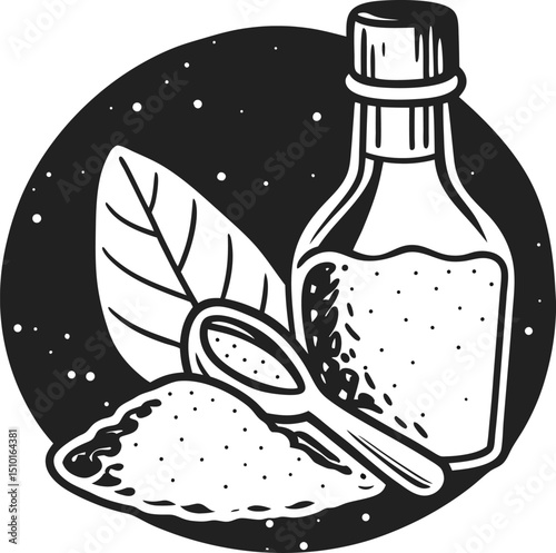 black and white illustration of essential cooking elements with spice, leaf, and bottle