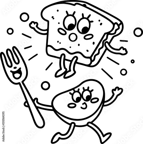Happy bread and potato characters dancing with smiling fork in playful