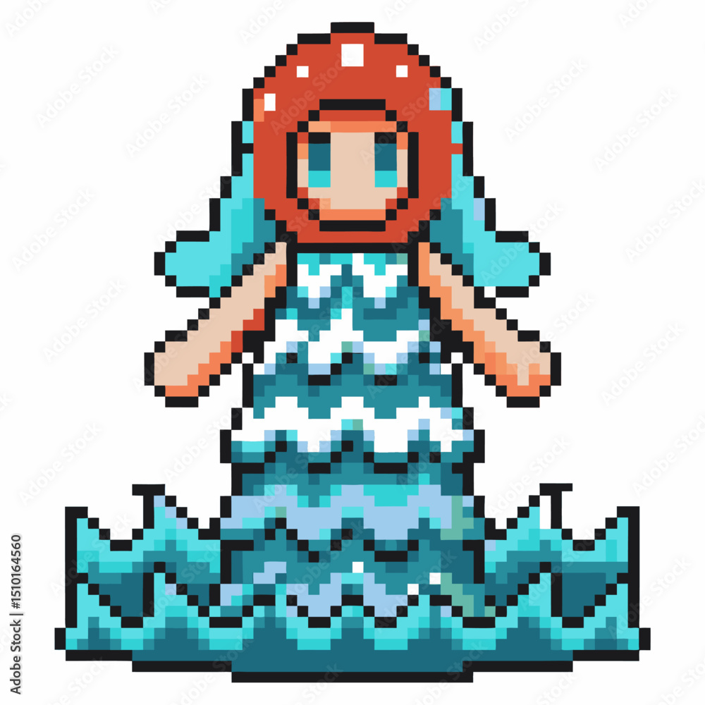 Fototapeta premium Retro pixel art character with blue waves and red helmet in 8 bit