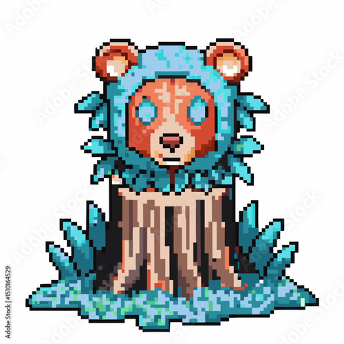 Pixel art bear hidden in tree stump video game character with foliage and colorful design