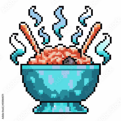 pixel art steaming bowl of ramen with chopsticks retro video game style, vibrant colors, japanese cuisine