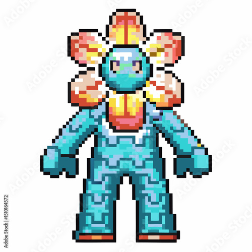 Pixel art character, flower head, vibrant petals retro gaming, colorful digital art design