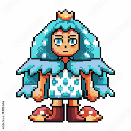 Pixel art character with blue hair and star outfit retro fantasy game sprite, colorful design