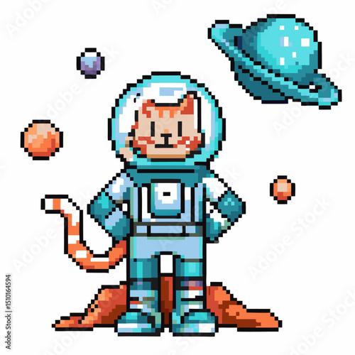 Pixel art astronaut cat in space, surrounded by planets whimsical cosmic adventure, retro gaming