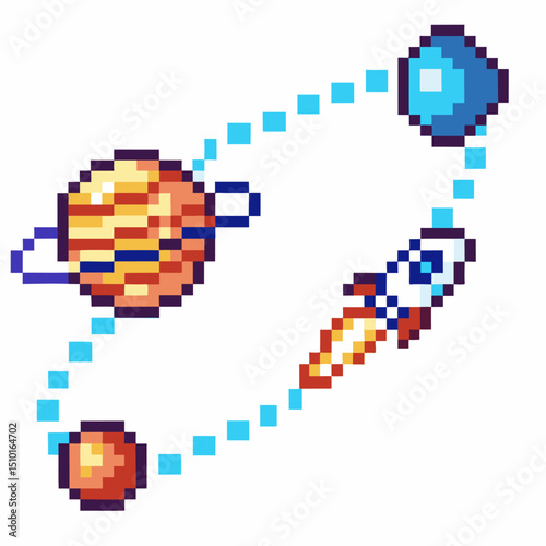 Retro pixel art rocket orbiting planets in space adventure