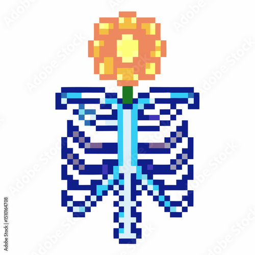 Pixel art sunflower growing from ribcage, symbolic abstract, vibrant digital illustration