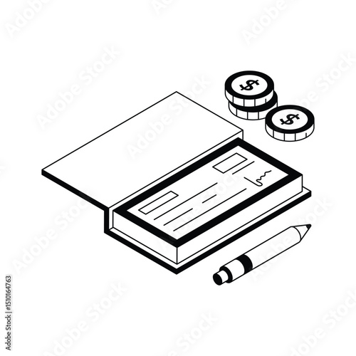 An isometric icon representing a financial cheque process