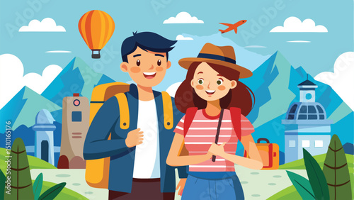 Cartoon Couple Travelers with Backpacks, Suitcase, Hot Air Balloon, Airplane, and Mountain Landscape