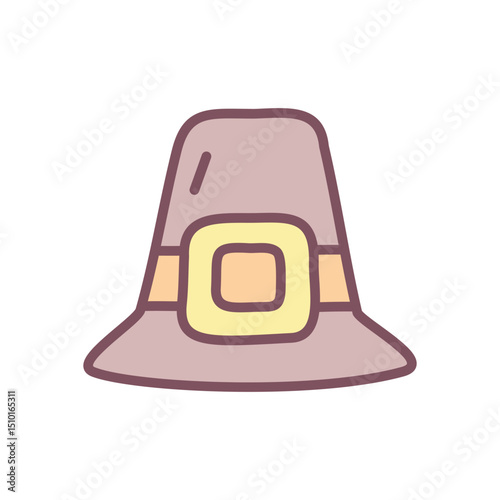 Pilgrim hat with buckle. Cute hand drawn illustration of a traditional pilgrim hat with a golden buckle on white background. Kawaii sticker. Vector 10 EPS.