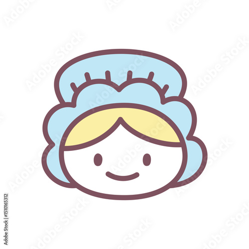 Pilgrim woman with bonnet. Cute hand drawn illustration of a colonial woman wearing a traditional blue bonnet on white background. Kawaii Thanksgiving sticker. Vector 10 EPS.