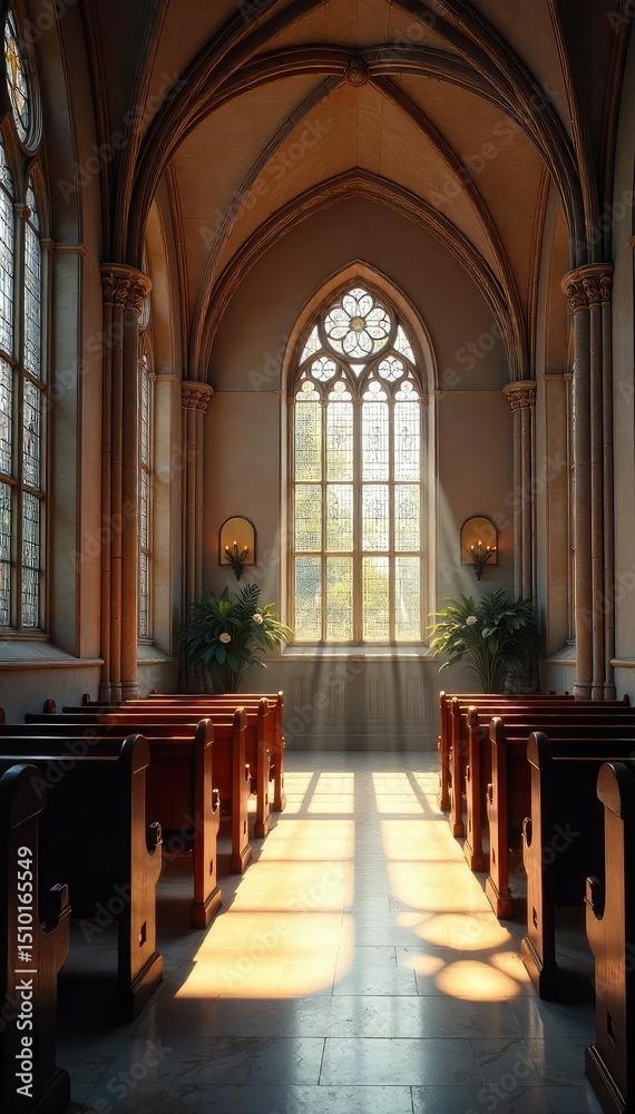Fototapeta premium A serene and peaceful church interior, bathed in soft sunlight streaming through stained-glass windows Perfect for themes of faith, spirituality, and tranquility , serene, catholic