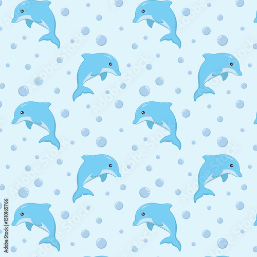 Seamless pattern of cute dolphins and small water bubbles on a blue background, vector illustration.
