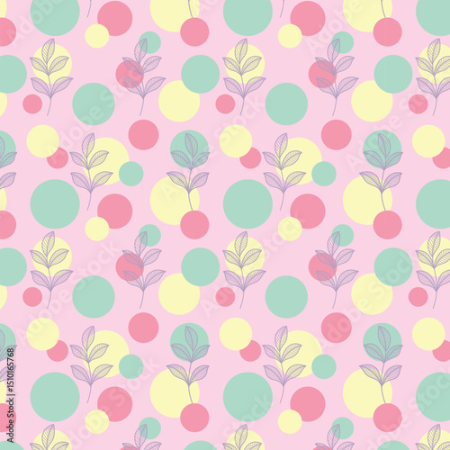 Wallpaper Mural Seamless pattern of colourful circles and outline leaves, abstract vector illustration. Torontodigital.ca