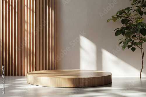 Minimal wood podiums in bright clean studio